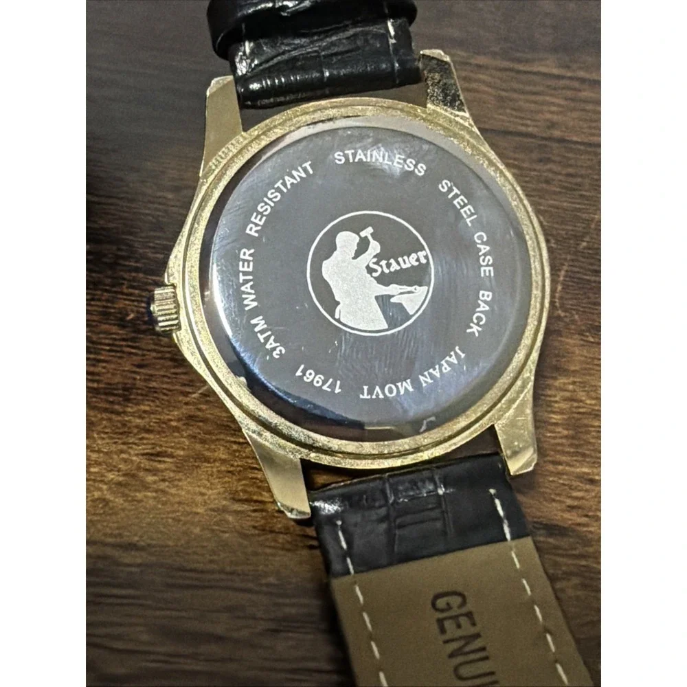 Stauer Metropolitan Watch Mens 40mm Gold Tone Date Black‎ Leather, New Battery